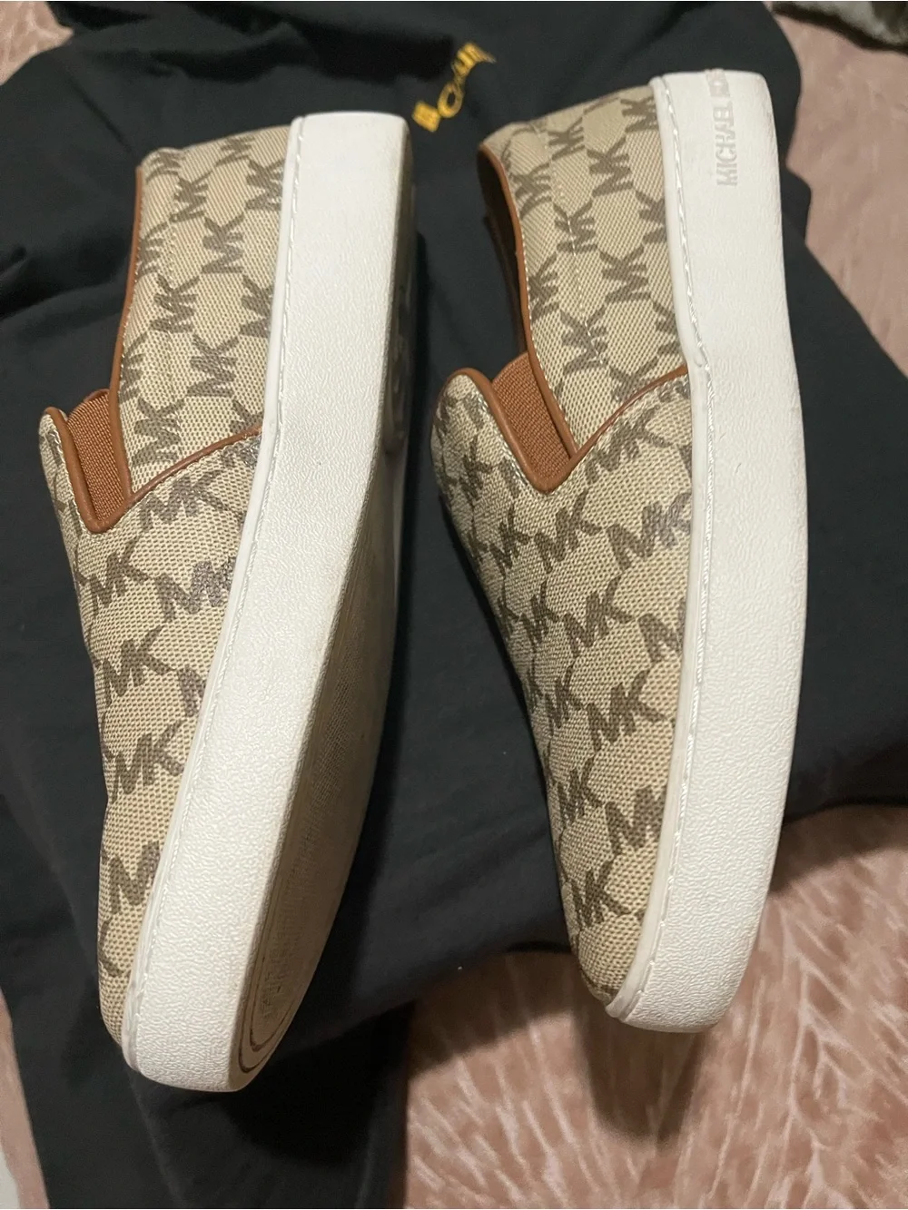 Michael Kors Beige Logo-Print Slip-On Sneakers with White Sole